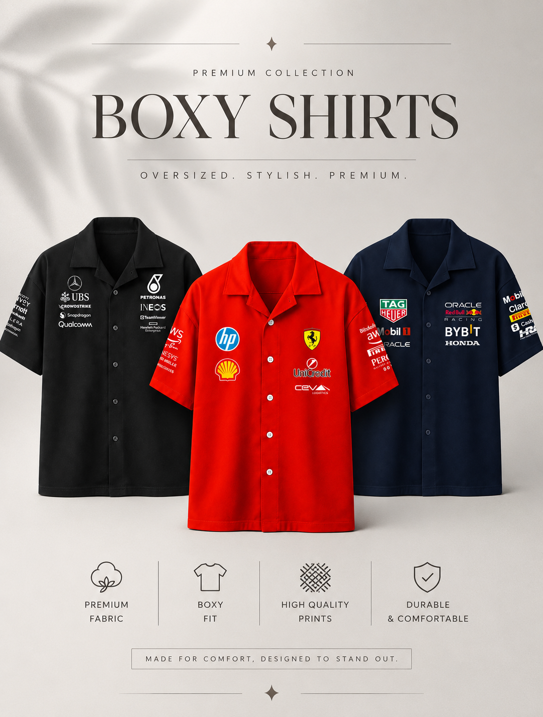 Premium collection banner featuring three oversized boxy shirts in black, red, and navy blue with motorsport-inspired sponsor graphics. Minimal luxury fashion layout with clean typography, soft neutral background, and premium streetwear aesthetic.