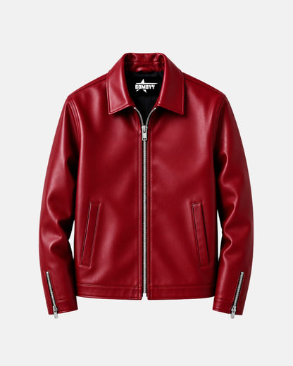 Bombyy Premium Red Faux Leather Jacket for Men | Classic Zip-Up Jacket