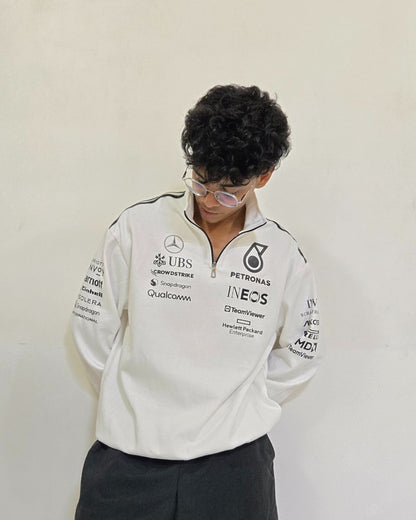 BombyyClothings AMG Petronas Inspired Half Zip Polo Sweatshirt – White Premium Edition