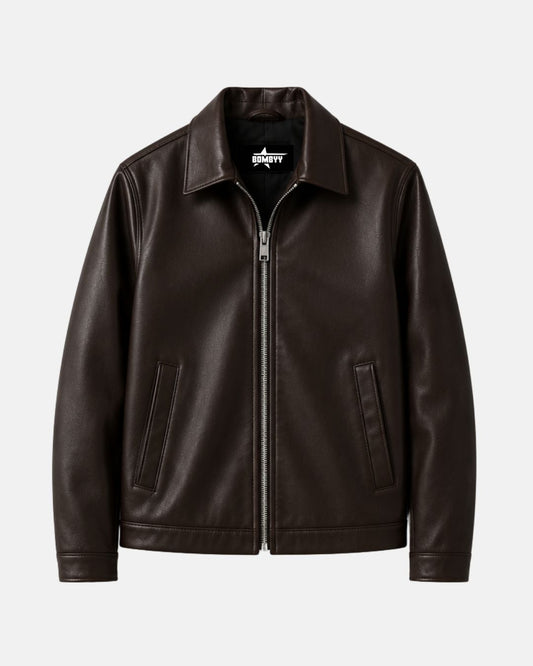 Bombyy Premium Dark Brown Faux Leather Jacket for Men | Classic Zip-Up Jacket