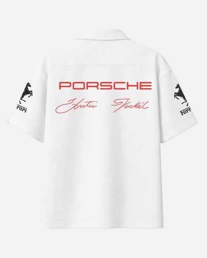 Porsche Racing White Oversized Shirt – Luxury Unisex Cuban Collar Streetwear | BombyyClothing
