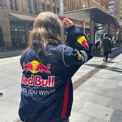 Parachute F1 Vintage Red Bull Embroidery Puffer Jacket, a premium blend of motorsport heritage and streetwear fashion.