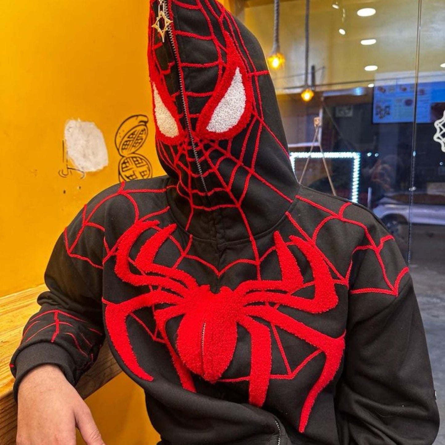 Black Unisex Spider-Man Web Embroidery Hoodie | Bombyy