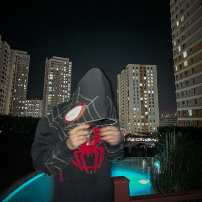 Black Unisex Spider-Man Web Embroidery Hoodie | Bombyy