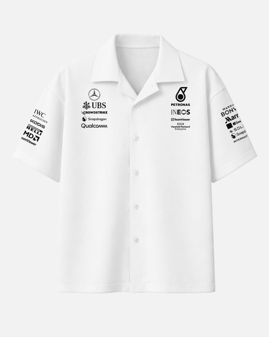 Black AMG Petronas oversized unisex Cuban collar shirt made from premium 250 GSM imported cotton fabric in luxury Formula One streetwear style by BombyyClothing