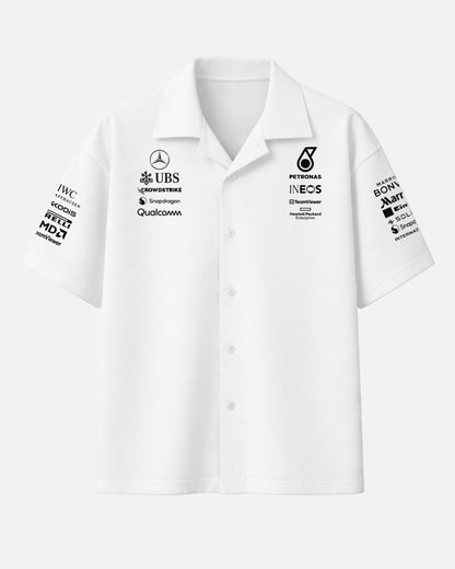 Black AMG Petronas oversized unisex Cuban collar shirt made from premium 250 GSM imported cotton fabric in luxury Formula One streetwear style by BombyyClothing