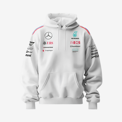 AMG Petronas inspired racing hoodie featuring sporty motorsport design, premium fabric, and comfortable all-season fit for streetwear and racing fans.