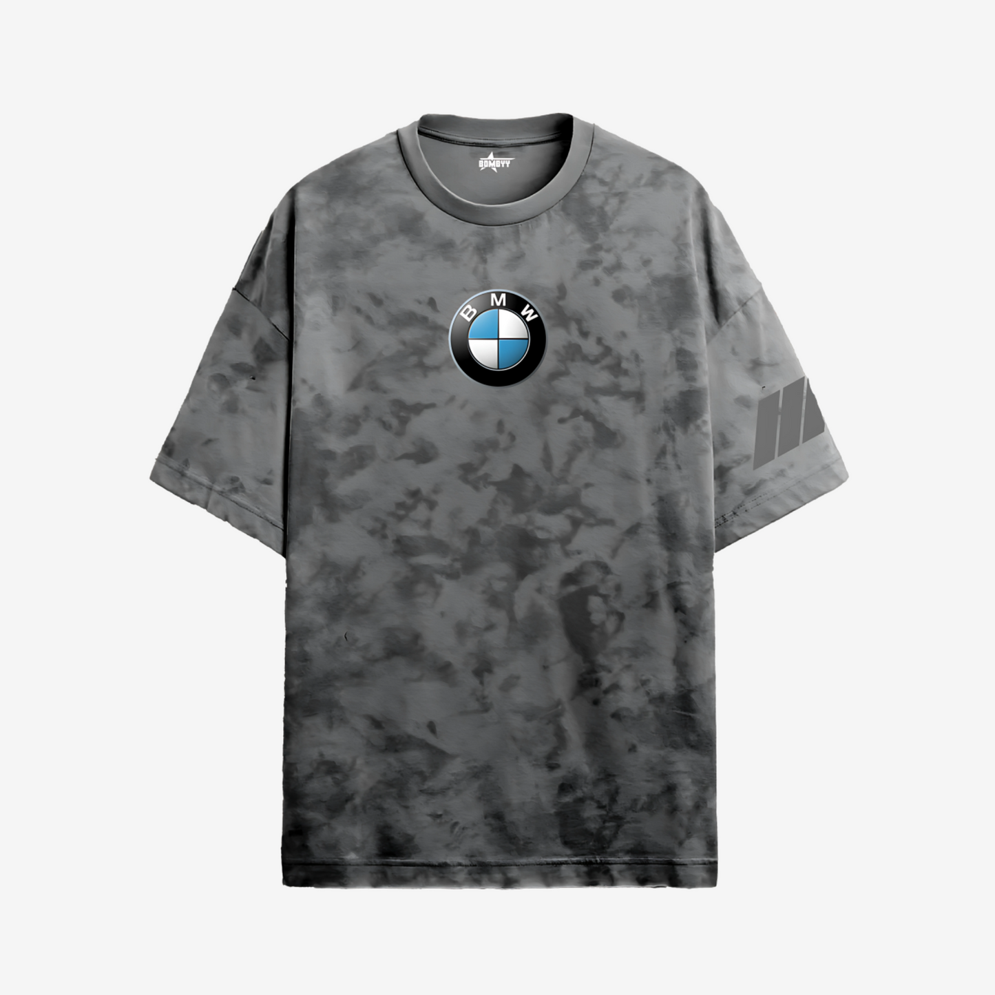 Black and grey BMW acid wash bomber jacket featuring premium stitching and streetwear-inspired motorsport design