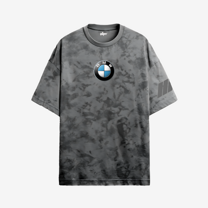 Black and grey BMW acid wash bomber jacket featuring premium stitching and streetwear-inspired motorsport design