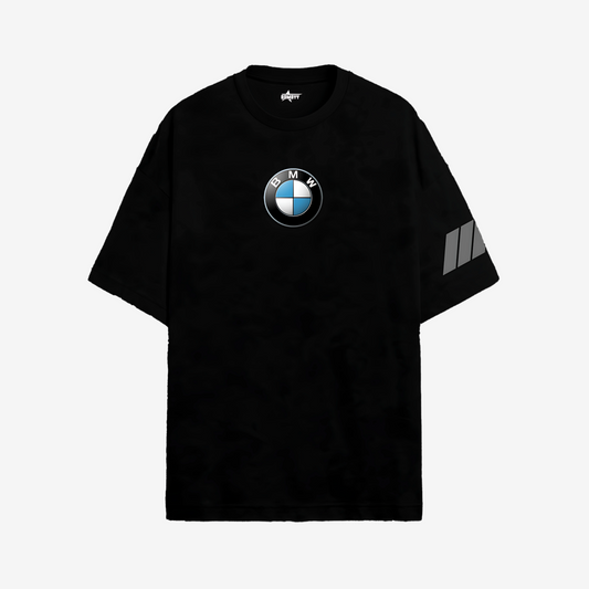 Black BMW oversized t-shirt with printed Motorsport logo and vintage-inspired streetwear design for car enthusiasts