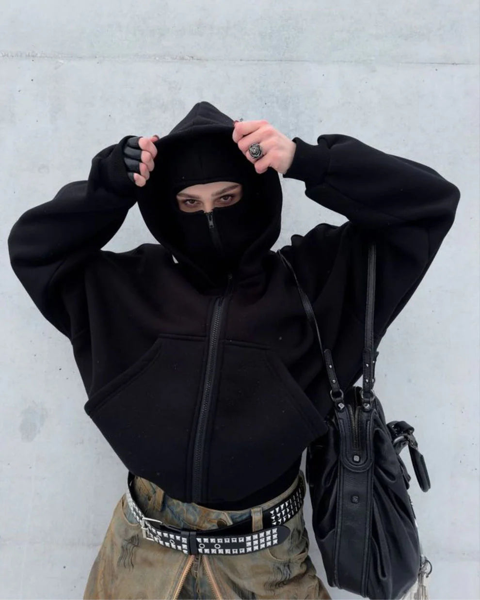 Black balaclava full zip hoodie with built-in mask, unisex streetwear hoodie for men and women