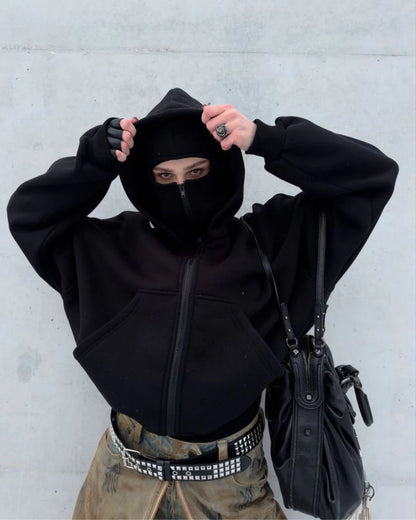 Black balaclava full zip hoodie with built-in mask, unisex streetwear hoodie for men and women