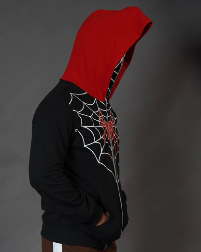 Spider Web Zip-Up Hoodie with Mask – Black & Red