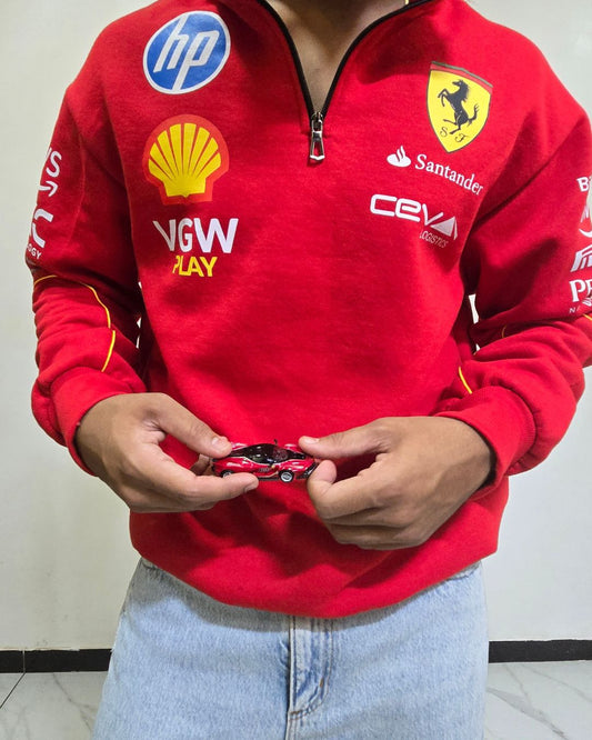 BombyyClothings Scuderia F1 Ferrari inspired vintage half zip polo sweatshirt front view