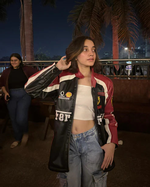 F1 Ferrari Bridgestone Leather Jacket front view – BombyyClothings"

"Side view of F1 Ferrari Bridgestone leather racing jacket"

"Back view of Ferrari F1 Bridgestone leather jacket for motorsport fans"

"Ferrari F1 Bridgestone leather jacket styled on model – BombyyClothings"