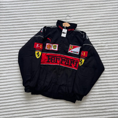 Black and red F1 vintage parachute puffer jacket with bold embroidery and warm quilted padding for winter style.

Retro Formula One embroidered black red bomber jacket featuring lightweight parachute fabric and racing-inspired design.