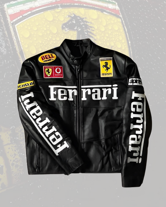 Genuine black leather Ferrari jacket perfect for supercar enthusiasts and premium streetwear fashion lovers.