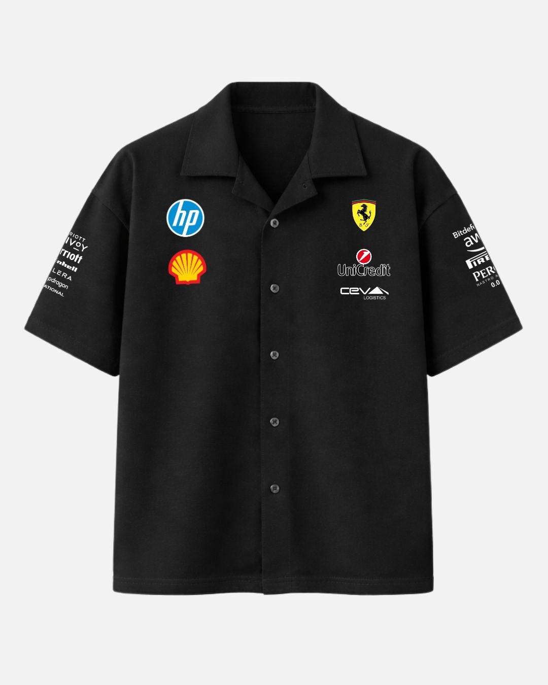 Black Ferrari F1 Scuderia oversized Cuban collar shirt made with premium 250 GSM imported cotton fabric in box fit streetwear style by BombyyClothing