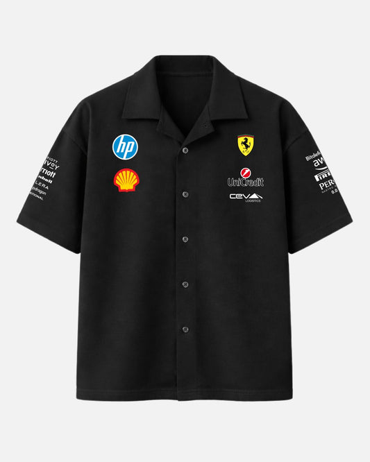Black Ferrari F1 Scuderia oversized Cuban collar shirt made with premium 250 GSM imported cotton fabric in box fit streetwear style by BombyyClothing