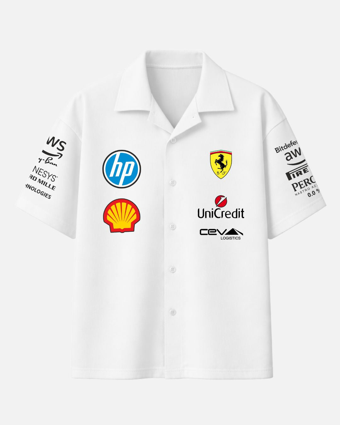 White Ferrari F1 Scuderia unisex oversized shirt with Cuban collar made from premium 250 GSM imported cotton fabric in box fit streetwear style by BombyyClothing