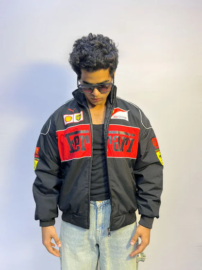 Ferrari F1 racing jacket back view with vintage motorsport design
