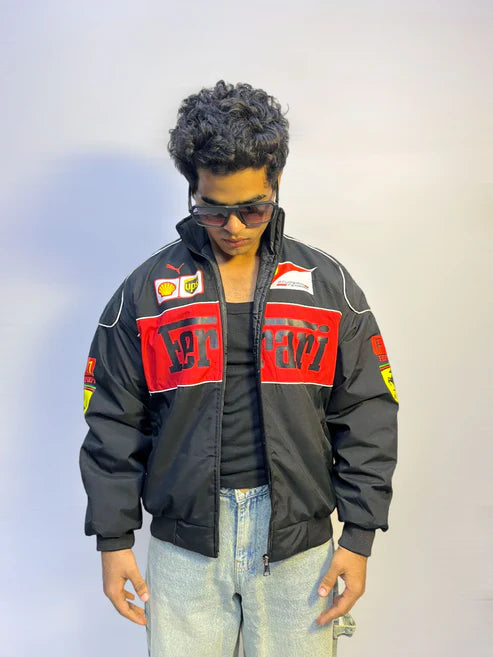 Ferrari F1 racing jacket back view with vintage motorsport design