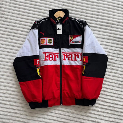 Ferrari F1 trio logo embroidered jacket featuring multiple sponsor patches and classic motorsport racing style.