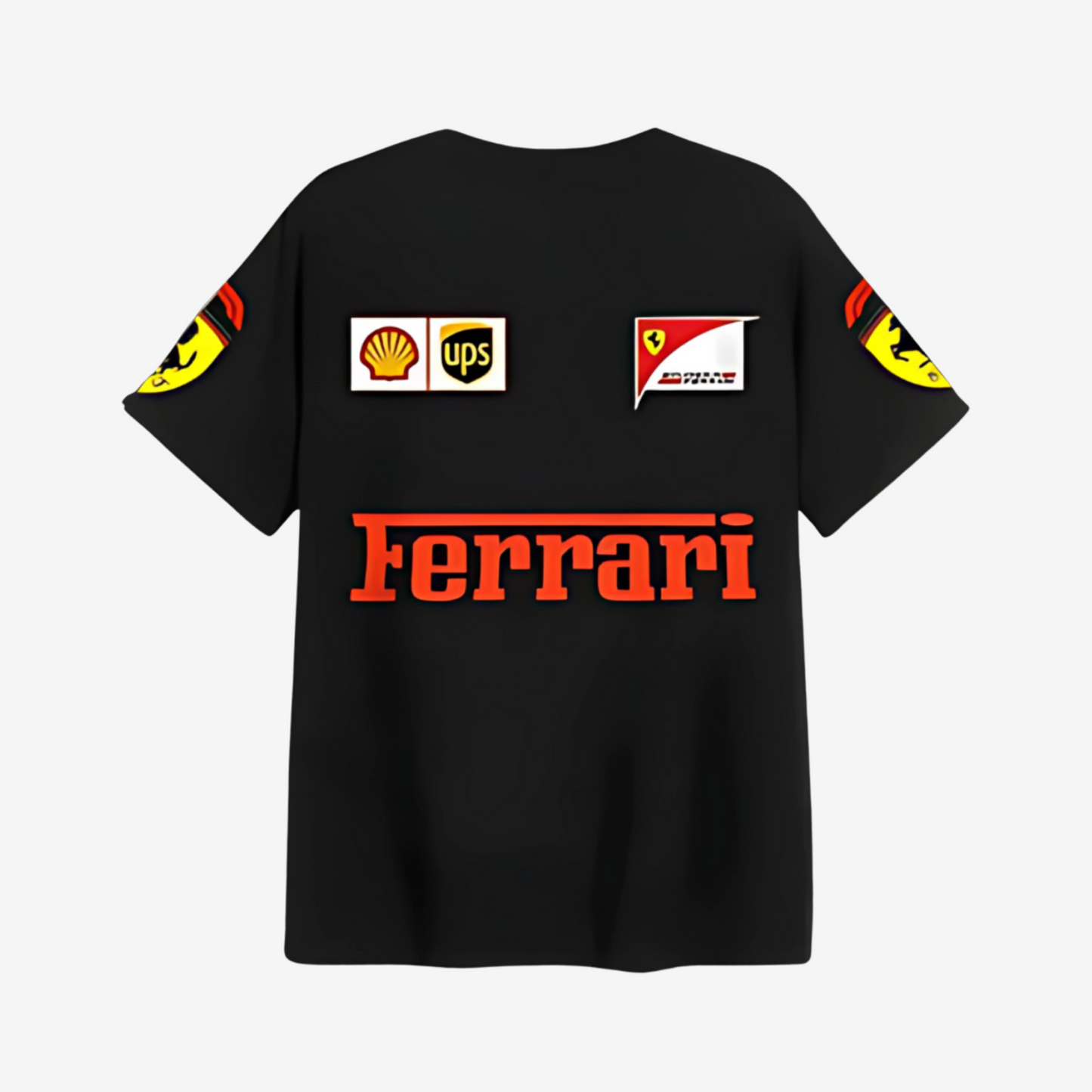 Ferrari black oversized round neck tee featuring premium soft cotton fabric and racing-inspired streetwear design.
