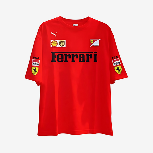 Stylish Ferrari red round neck t-shirt with Scuderia Ferrari logo, perfect for casual wear and racing fans.