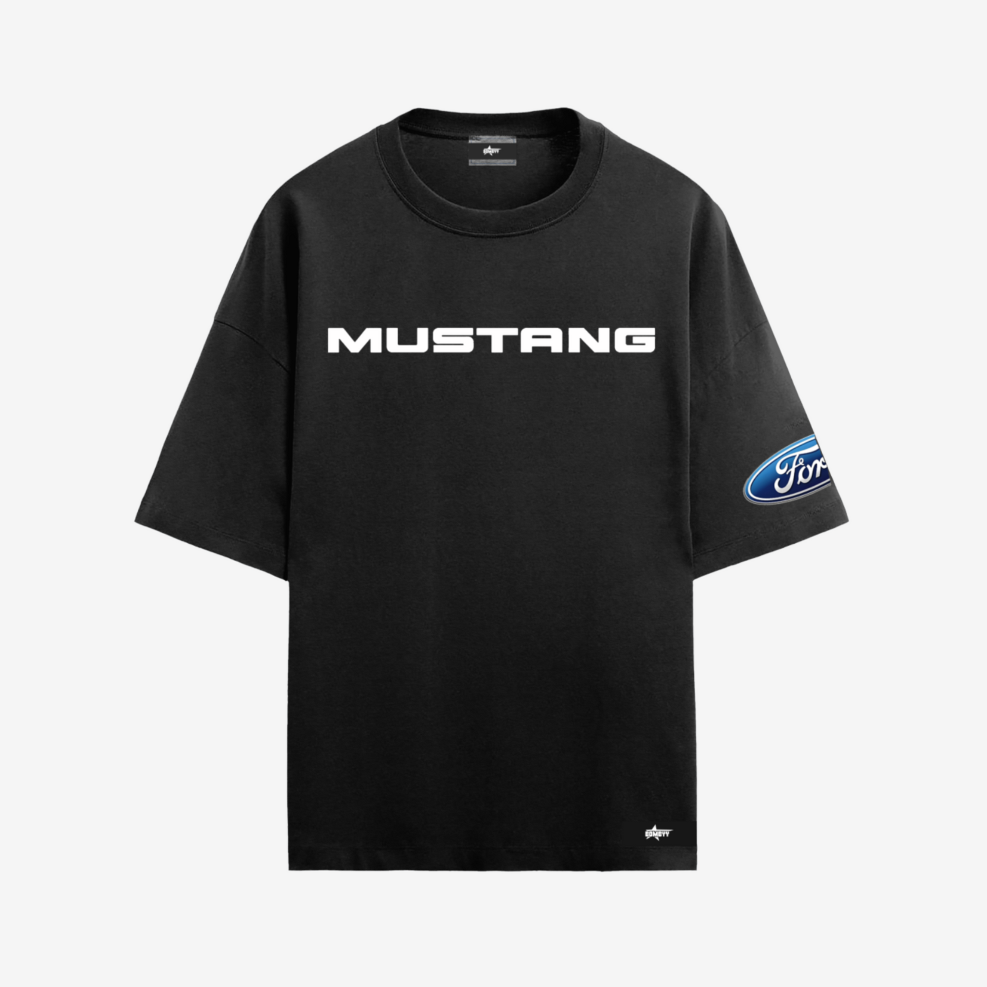 Mustang black oversized tee featuring premium cotton, bold motorsport print, and casual streetwear fit.