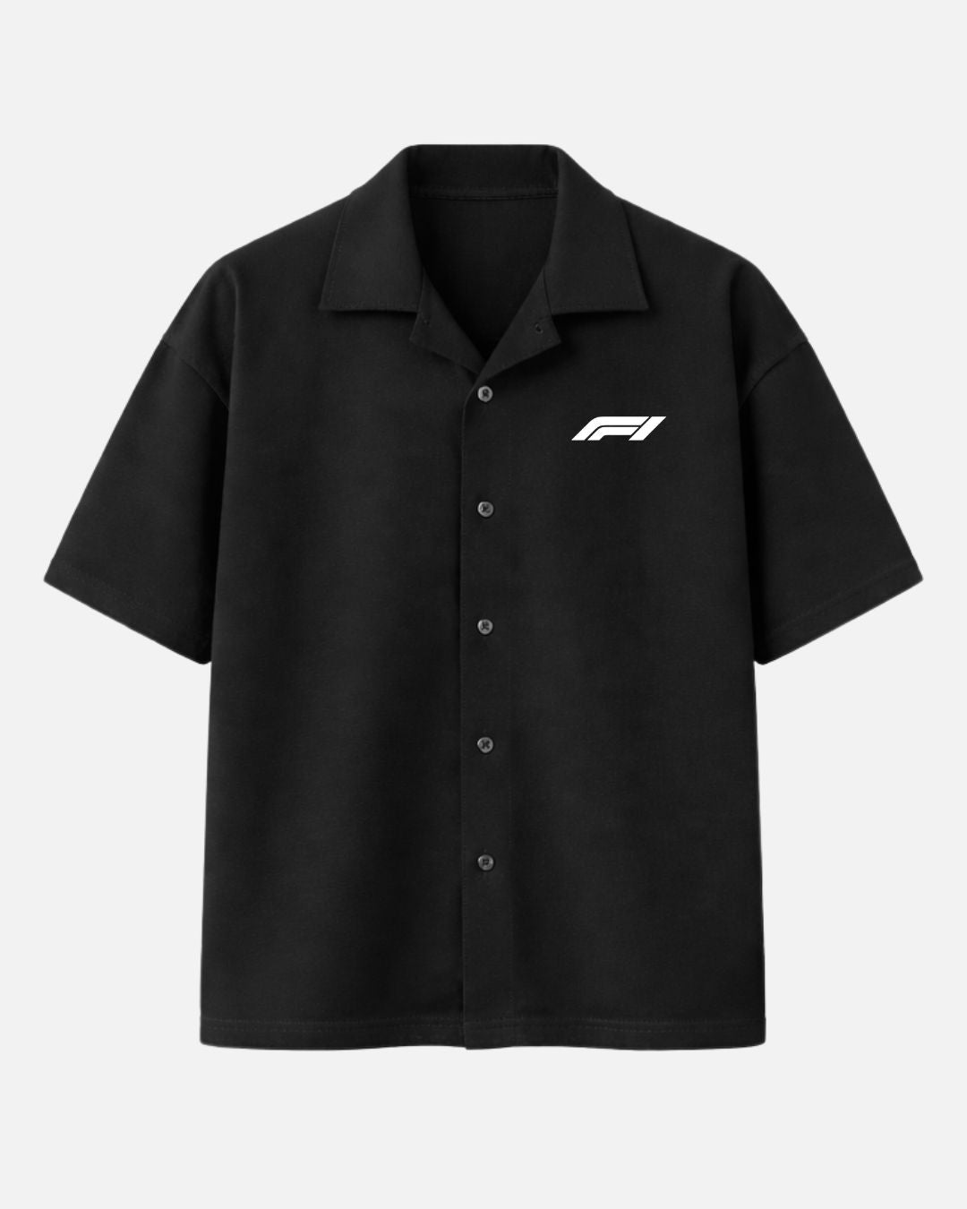 Black Formula One Hamilton oversized unisex shirt with premium Cuban collar made from 250 GSM imported cotton fabric in luxury box fit streetwear style by BombyyClothing