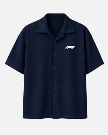 Navy blue Hamilton Formula One oversized unisex shirt with premium Cuban collar made from 250 GSM imported cotton fabric in luxury box fit streetwear style by BombyyClothing