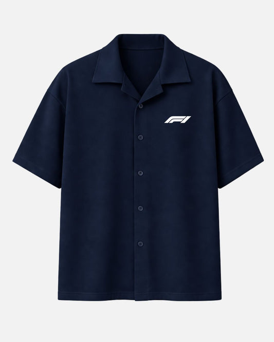 Navy blue Hamilton Formula One oversized unisex shirt with premium Cuban collar made from 250 GSM imported cotton fabric in luxury box fit streetwear style by BombyyClothing