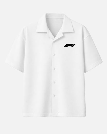 White Hamilton Formula One oversized unisex Cuban collar shirt made from premium 250 GSM imported cotton fabric in luxury streetwear box fit style by BombyyClothing