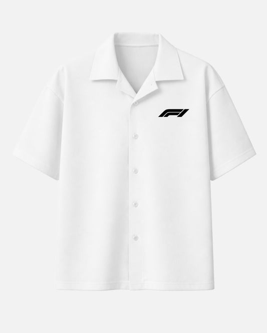 White Hamilton Formula One oversized unisex Cuban collar shirt made from premium 250 GSM imported cotton fabric in luxury streetwear box fit style by BombyyClothing
