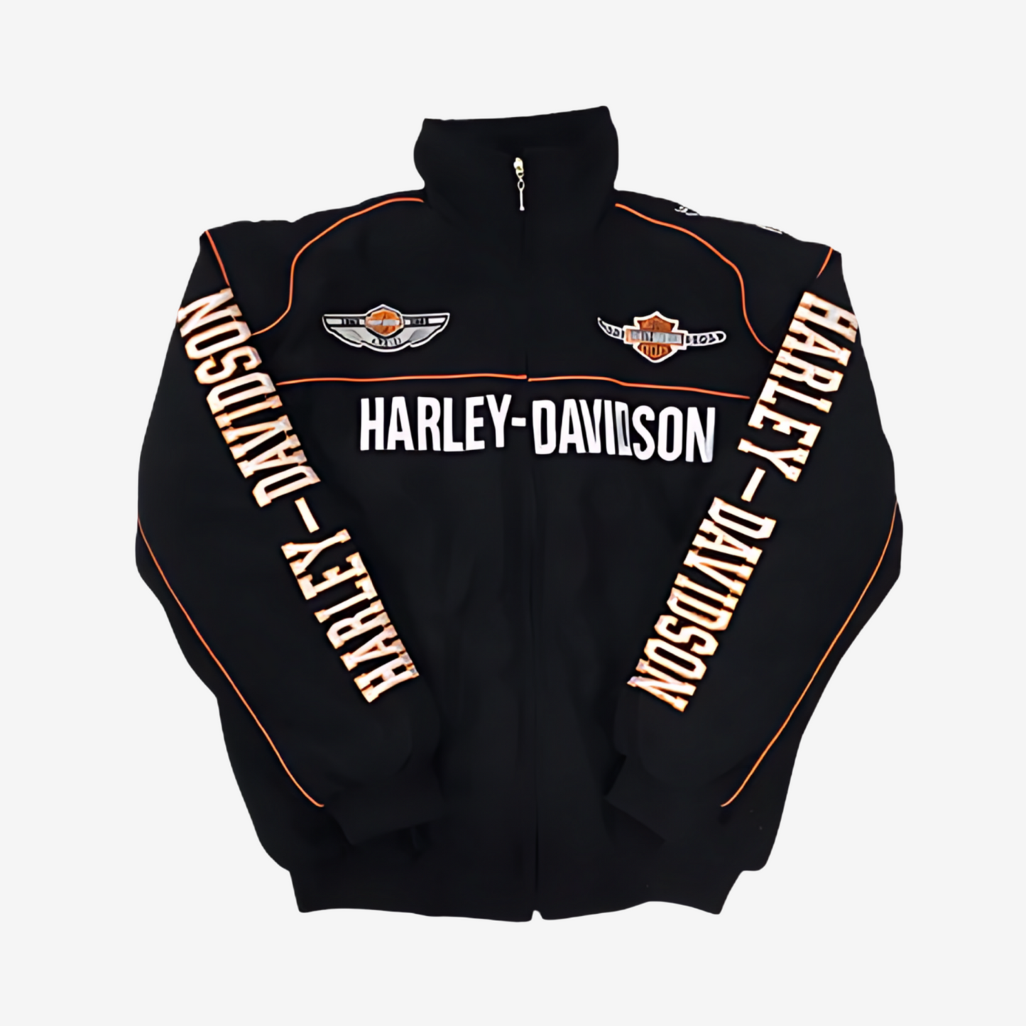 Vintage Harley-Davidson bomber jacket with heavyweight fabric and stitched branding for bikers and riders.
