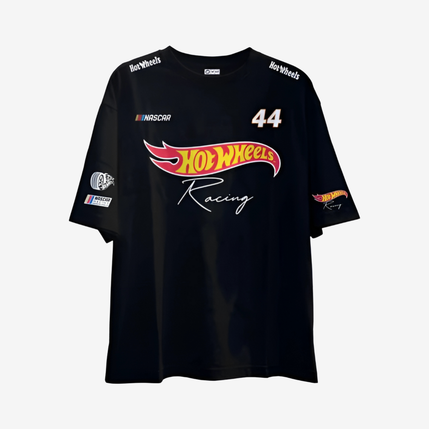 Black Hot Wheels oversized t-shirt with bold printed racing logo and motorsport-inspired streetwear design