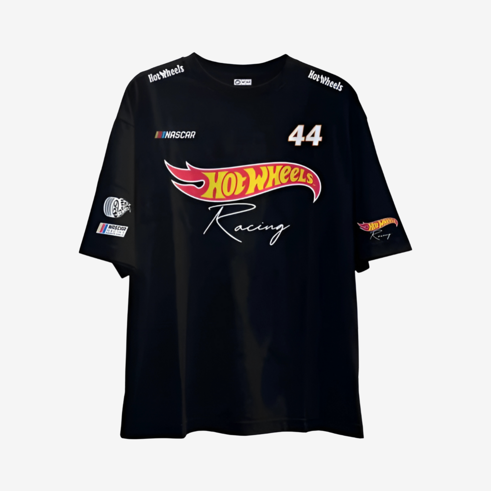 Black Hot Wheels oversized t-shirt with bold printed racing logo and motorsport-inspired streetwear design