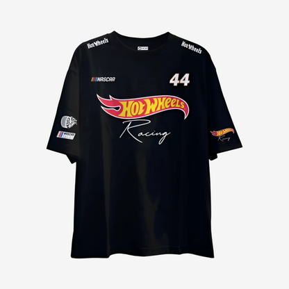 Black Hot Wheels oversized t-shirt with bold printed racing logo and motorsport-inspired streetwear design