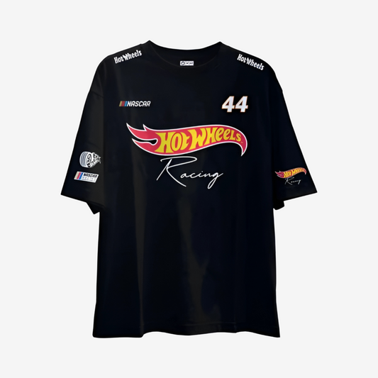 Black Hot Wheels oversized t-shirt with bold printed racing logo and motorsport-inspired streetwear design