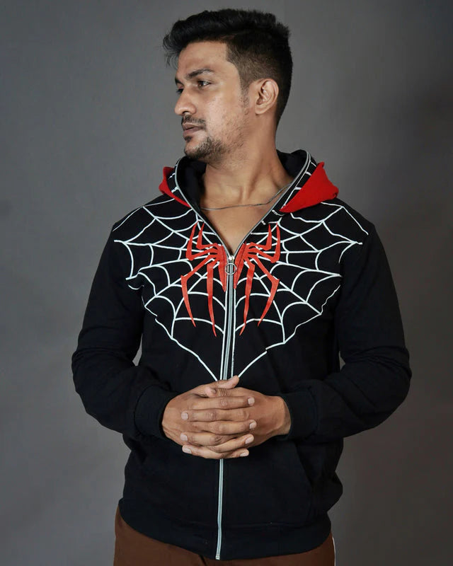 Spider Web Zip-Up Hoodie with Mask – Black & Red