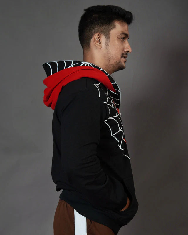 Spider Web Zip-Up Hoodie with Mask – Black & Red
