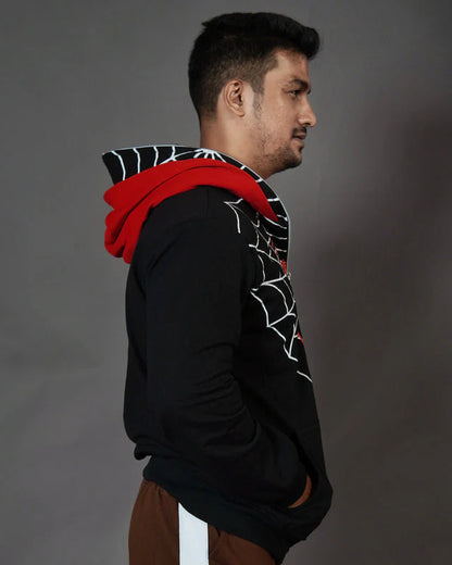 Spider Web Zip-Up Hoodie with Mask – Black & Red