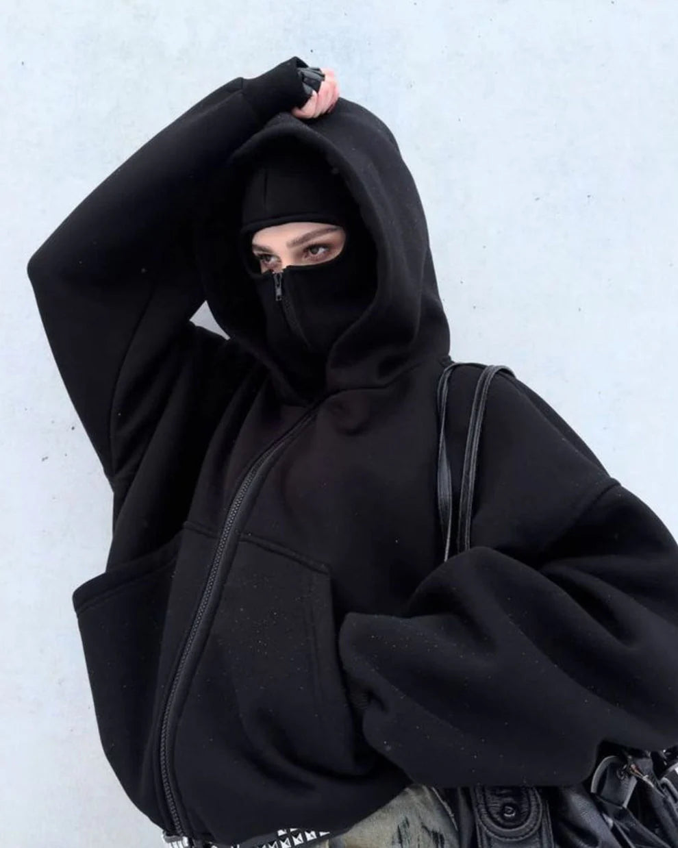 Black Balaclava Hoodie with Full Zip Face Mask