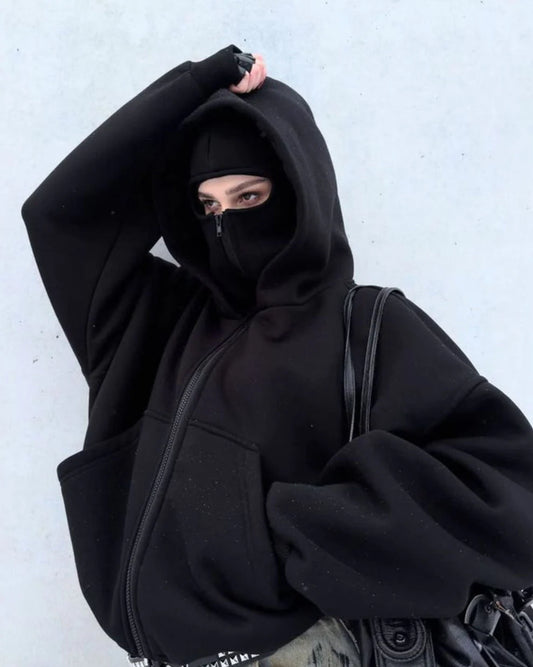 Black Balaclava Hoodie with Full Zip Face Mask