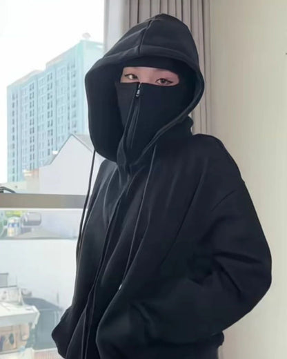 Black Balaclava Hoodie with Full Zip Face Mask