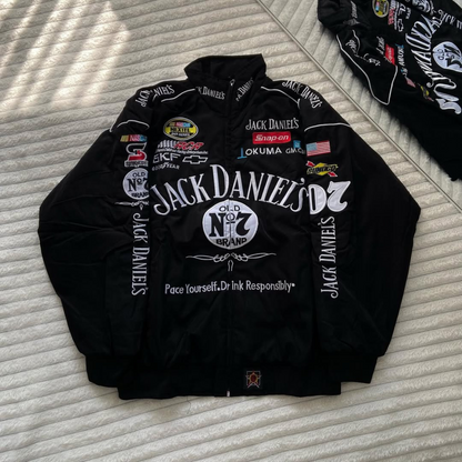 Black Jack Daniel’s parachute puffer jacket with vintage-style embroidery and warm quilted padding for winter wear.