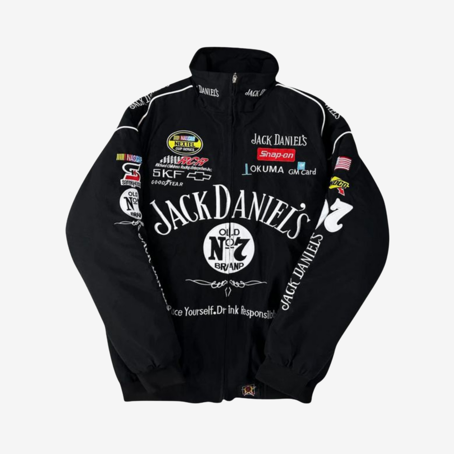 Men’s Jack Daniel’s racing jacket featuring embroidered branding, full sleeves, and sleek streetwear design.