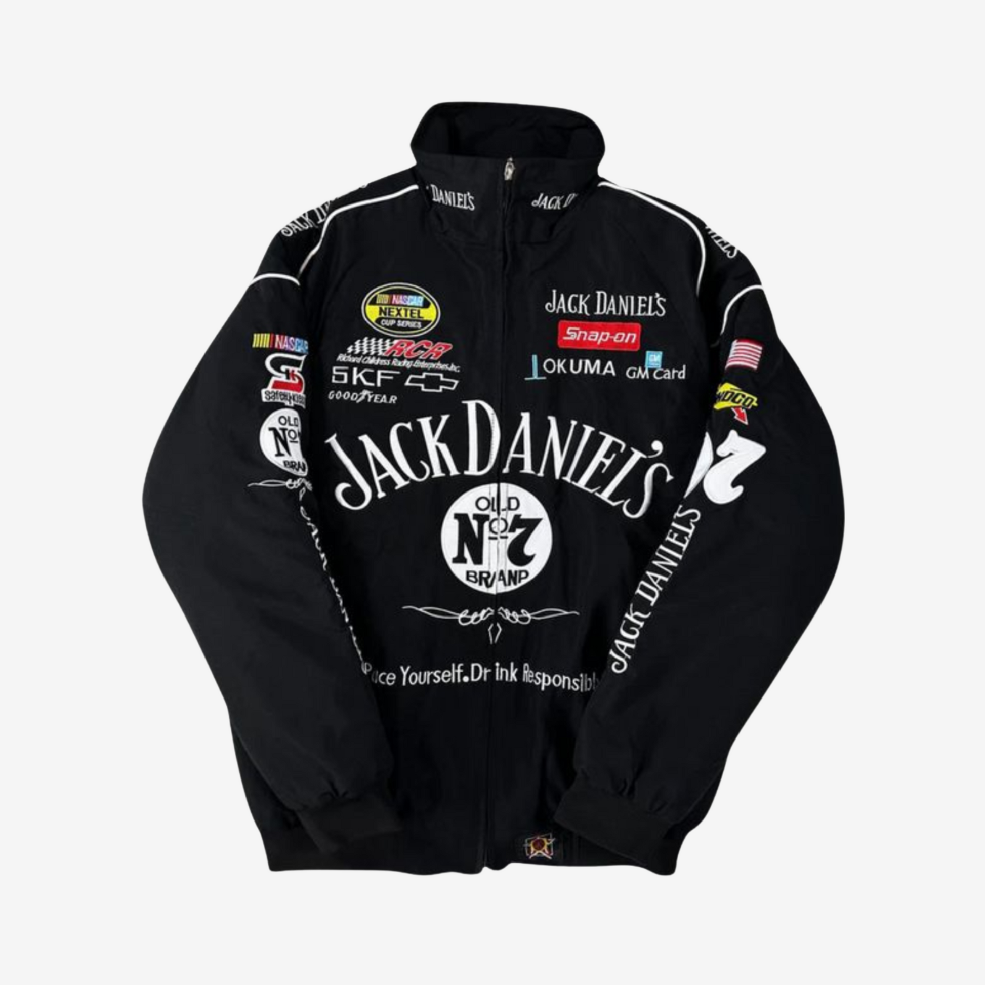 Men’s Jack Daniel’s racing jacket featuring embroidered branding, full sleeves, and sleek streetwear design.