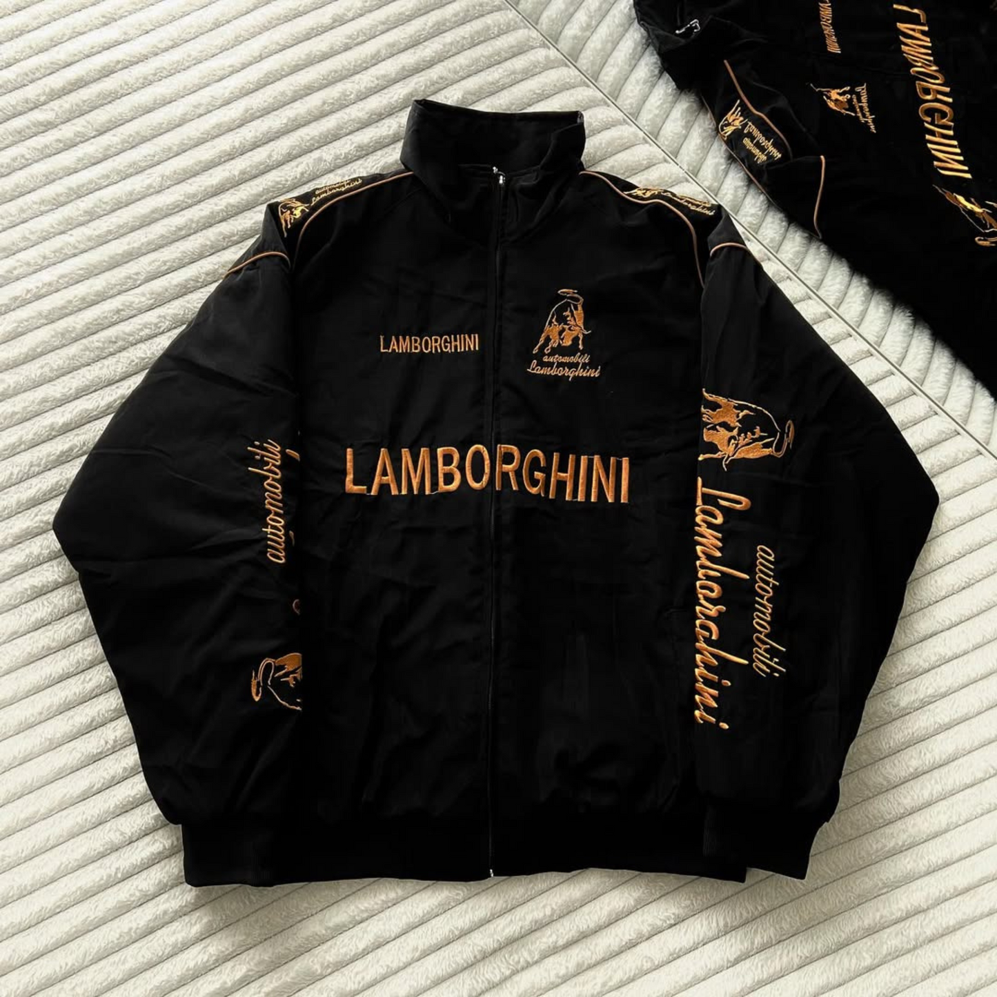 Luxury Lamborghini winter puffer jacket with detailed crest embroidery, designed for comfort and street fashion lovers